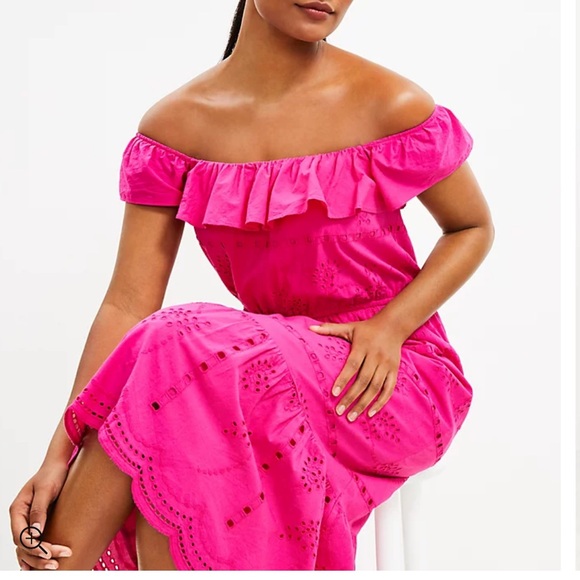 Loft Hot Pink Eyelet Ruffle Square Neck Midi Dress Size SP - Picture 12 of 13